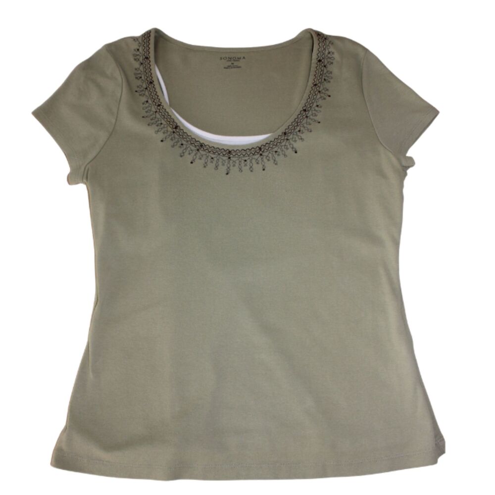 Sonoma Olive Green Embroidered Scoop Neck 100% Cotton Tee Shirt M